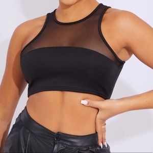 PRETTY LITTLE THING Black Mesh Insert Scuba Racer Neck Crop Top